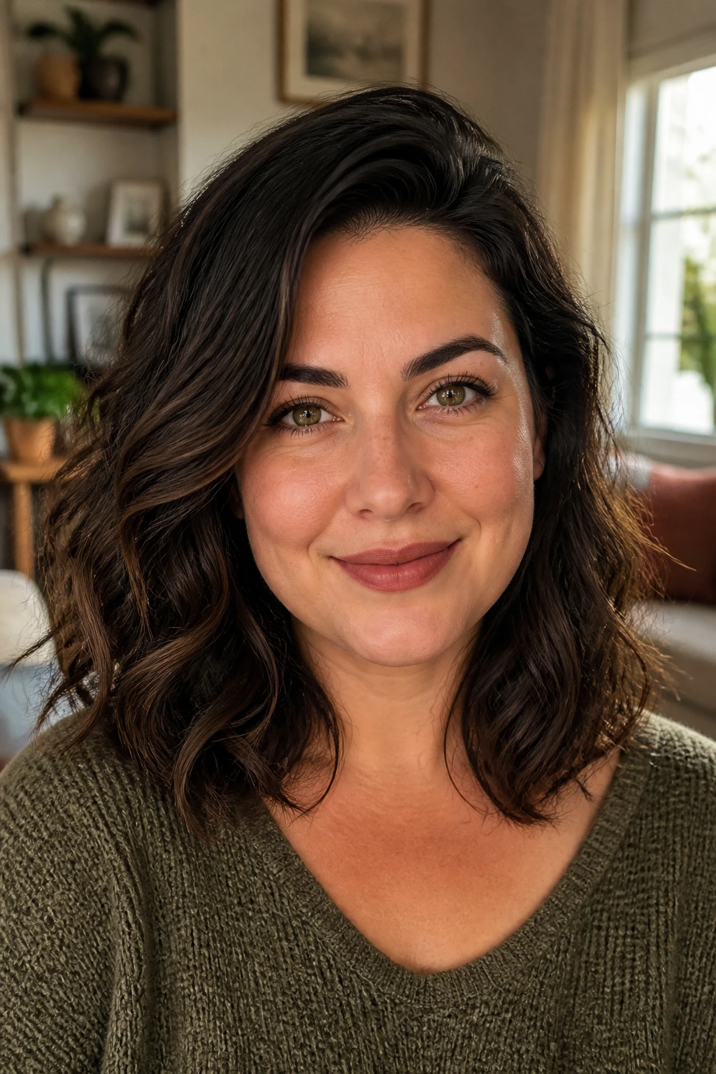 Close-up portrait of a real woman with shoulder-length wavy hair in a cozy living room