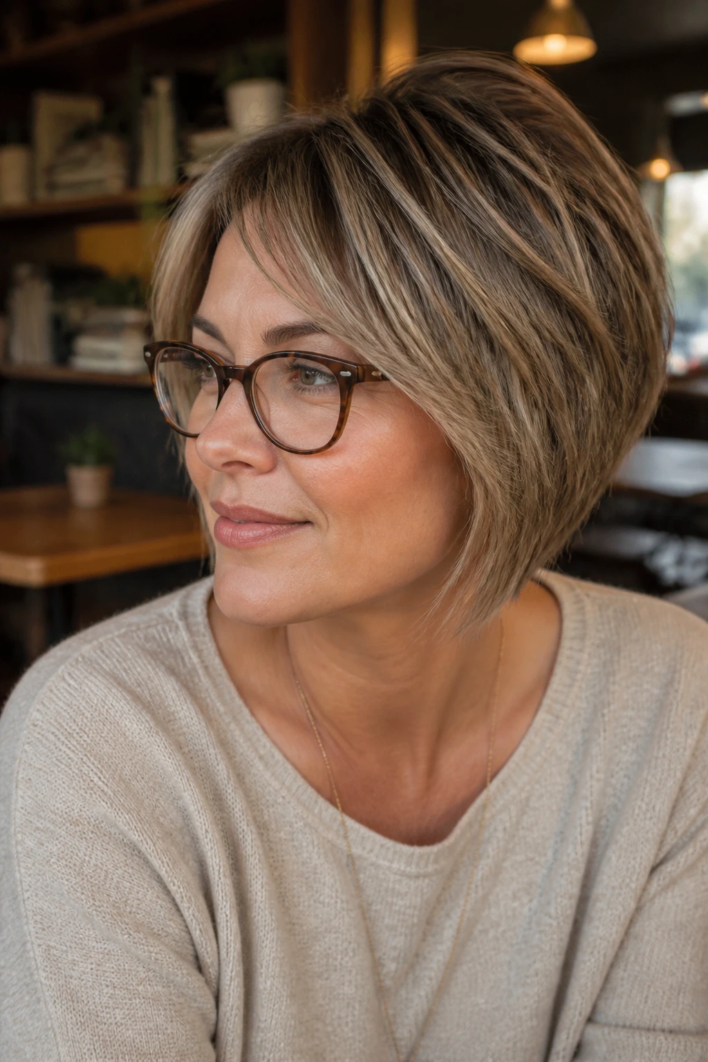Woman with softened edge haircut variation wearing glasses
