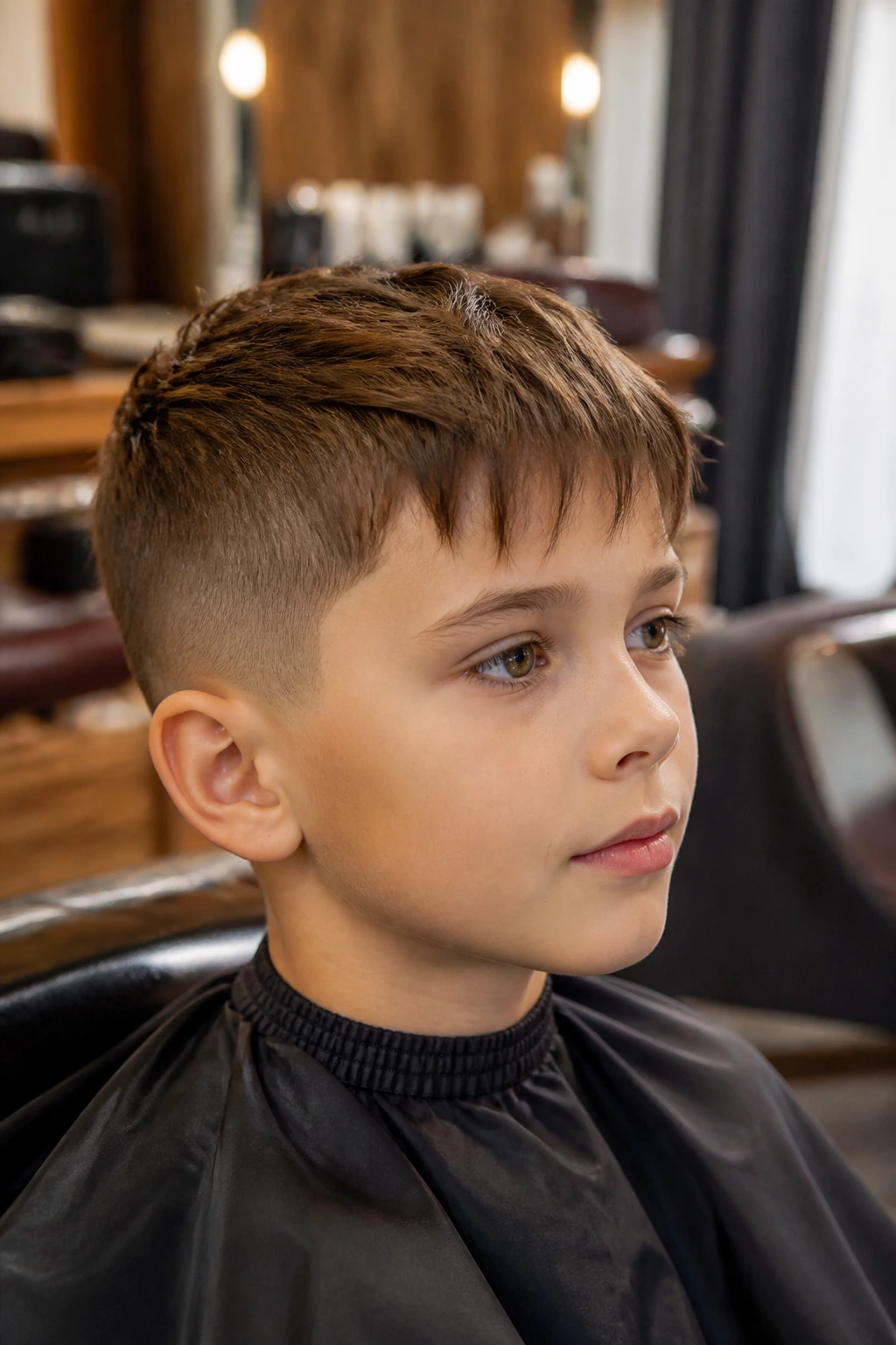 Close-up of a real boy with a versatile short haircut showing fringe and top length variation in a barbershop setting