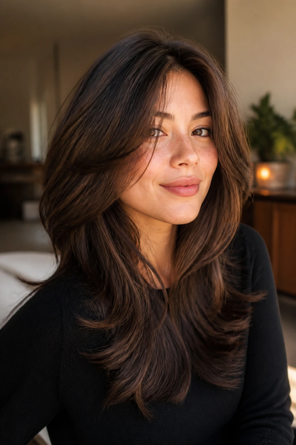 Real person with medium-long layered hairstyle showing variations for routines