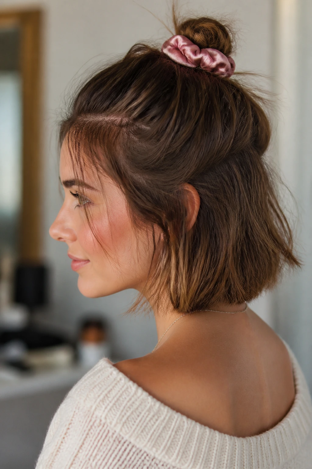 Real person with satin-scrunchie half-up bun showing variant style