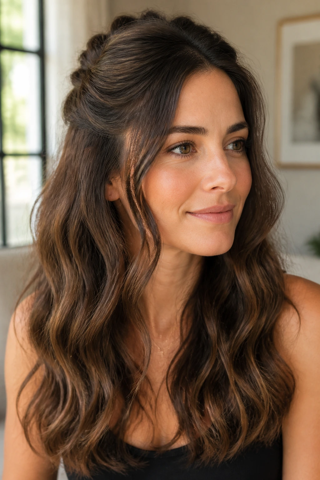 Brunette with half-up twist showcasing a versatile wave variation