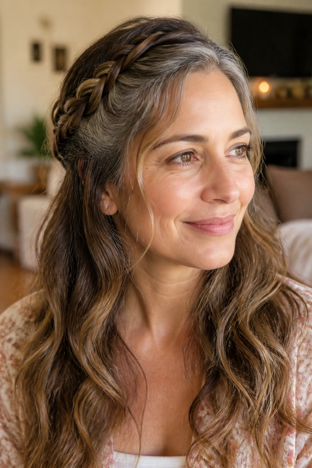 Real woman with crown braid and soft waves, showing variation.