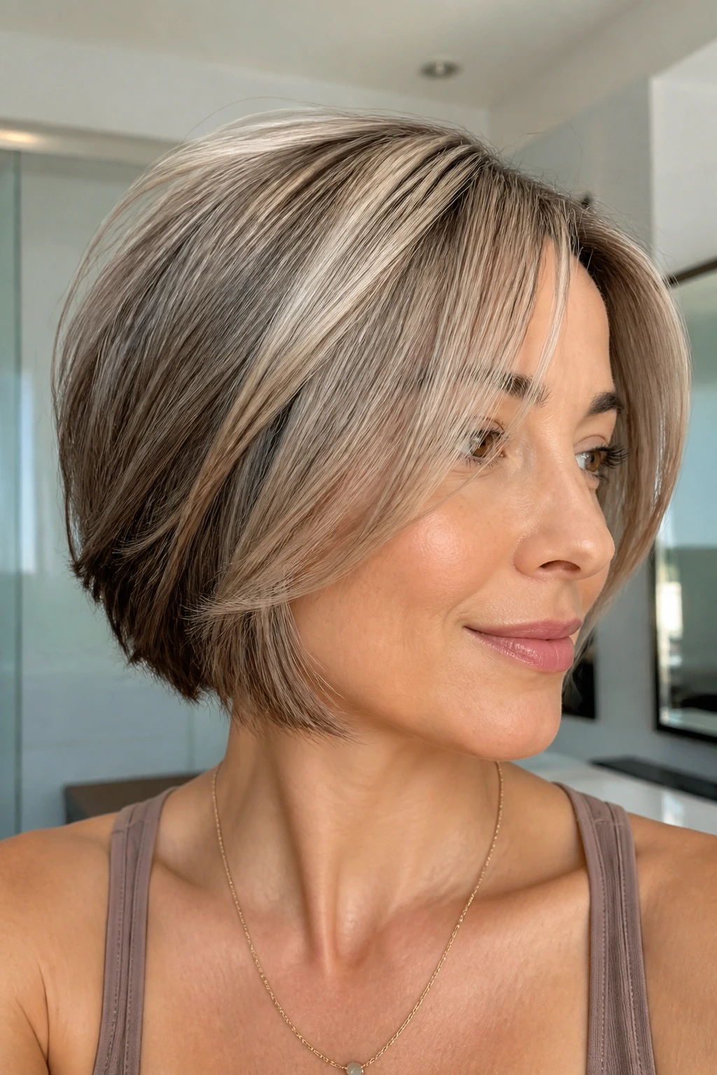 Portrait of a bob with varied lowlights across the head showing different styles