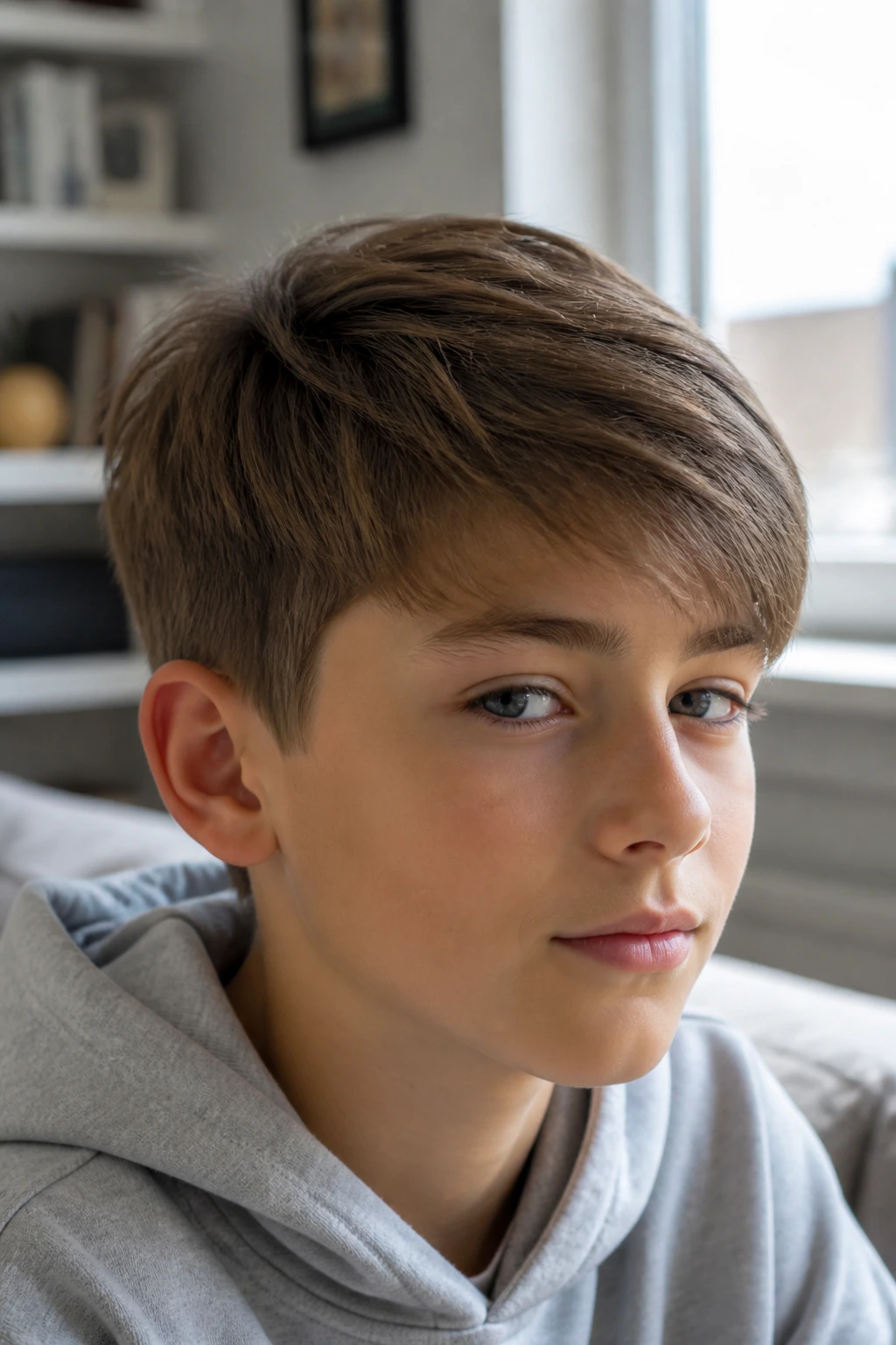 Close-up of a real boy with a versatile straight-hair cut showing longer top and softened edges