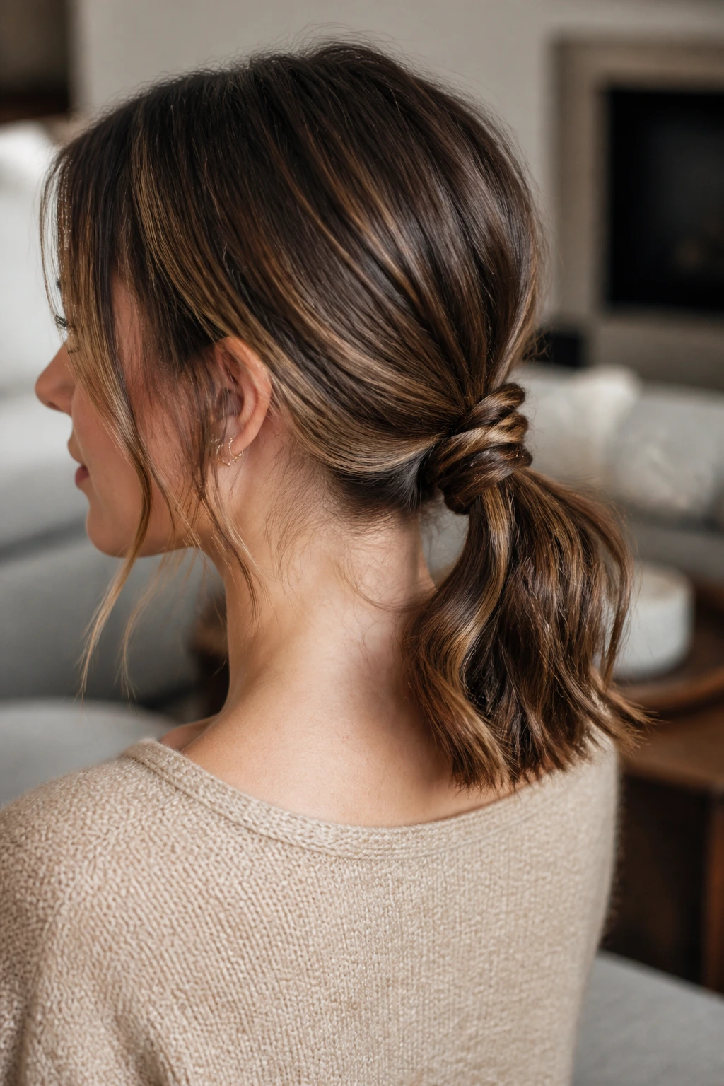 Close-up of a real woman showing a low ponytail with a wrap rope braid variation