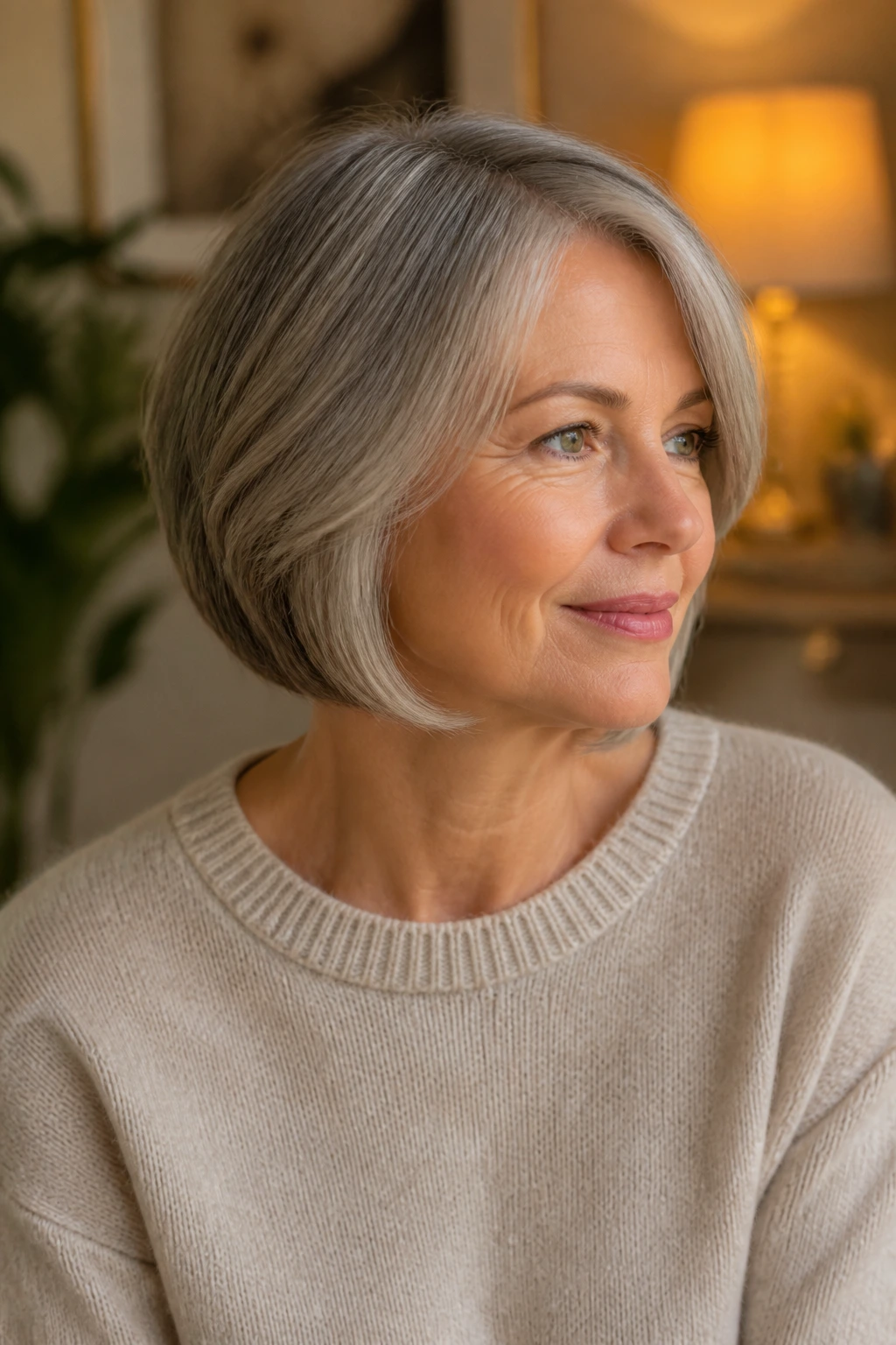 Medium close-up of a real woman with a rounded bob showing variations in styling adaptable to different textures