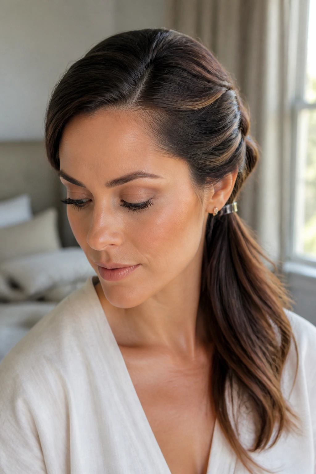 Close-up of a real woman with a deep side part and a low twist secured with a clip