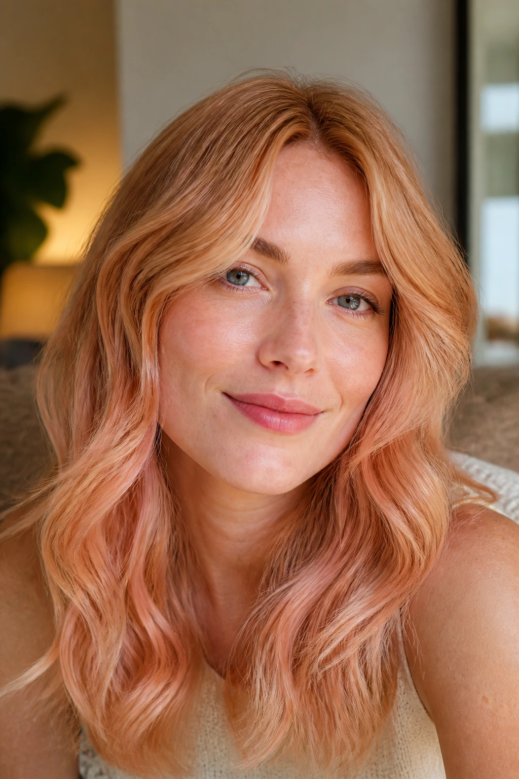 Close-up of a real woman with varied strawberry blonde hair showing peach and pink-warmth