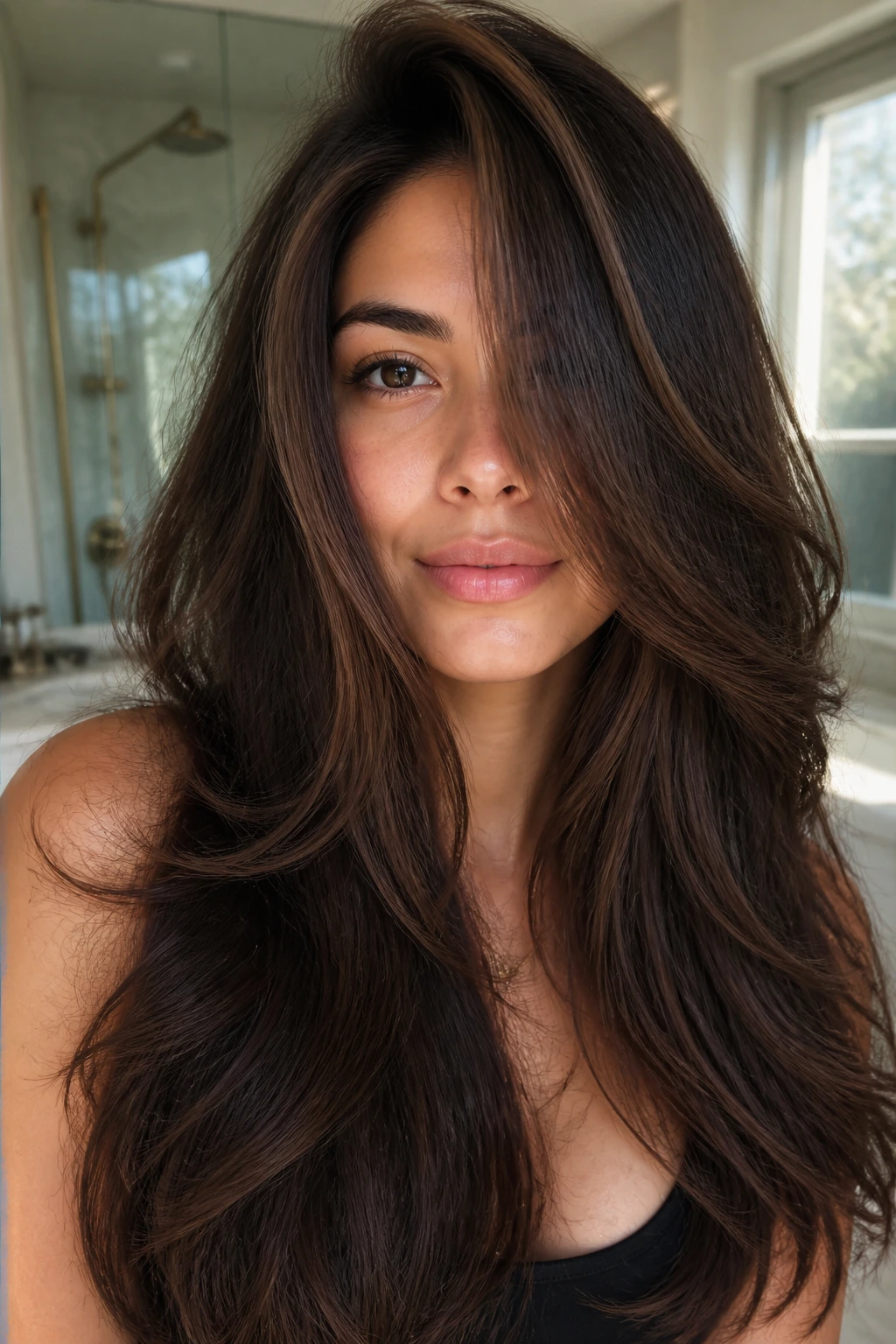 Close-up portrait of a real woman showing variations in a thick hairstyle