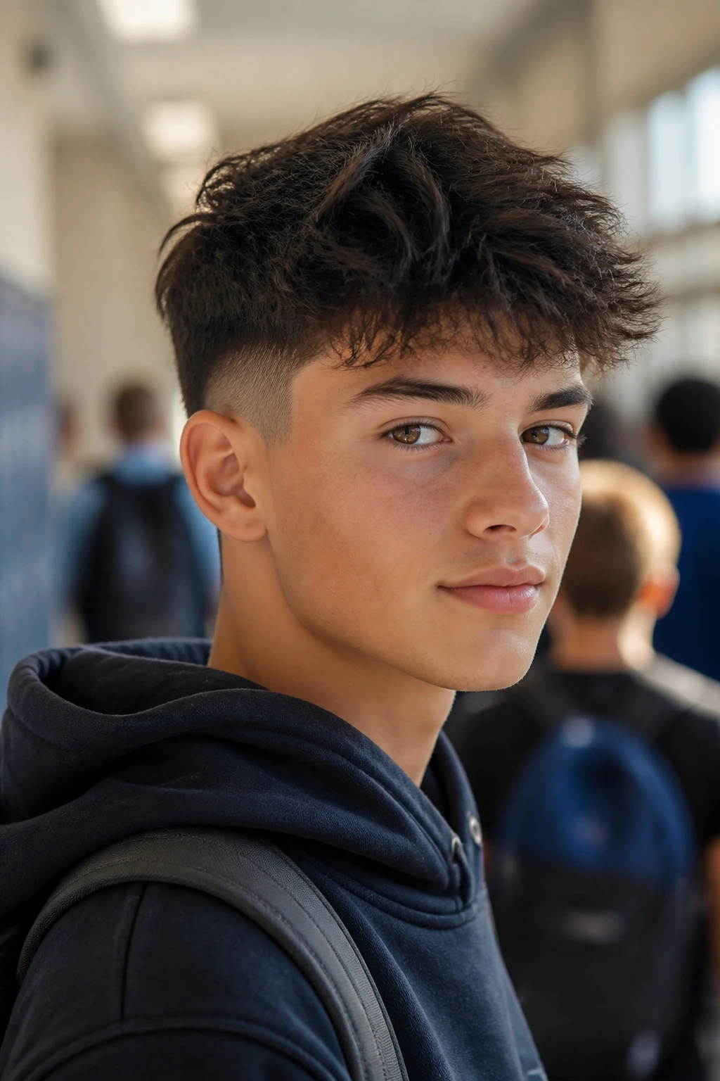 Teen with textured top and gentle fade in school hallway