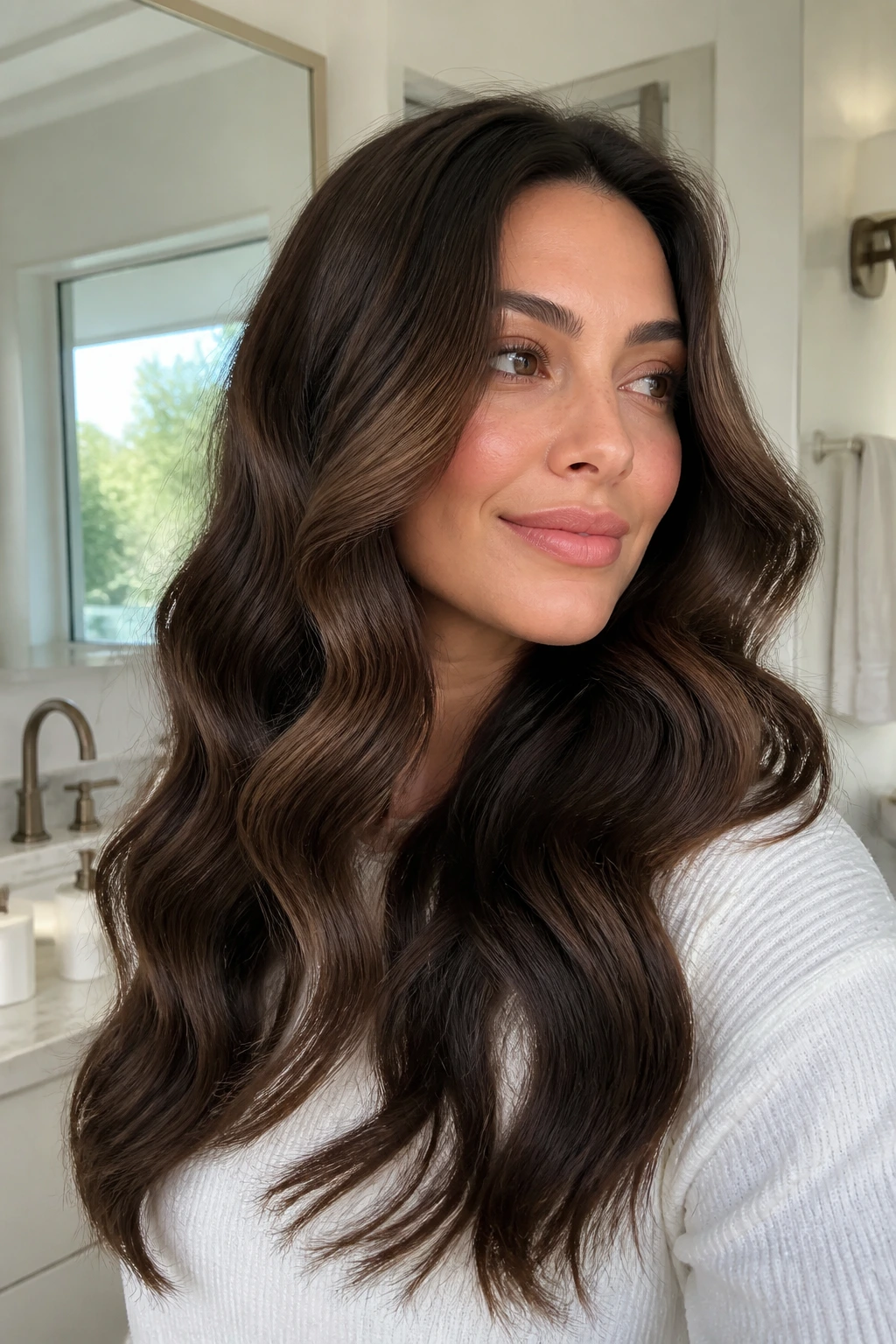 Long thick hair styled in wide loose waves with a glossy finish in bright bathroom light.