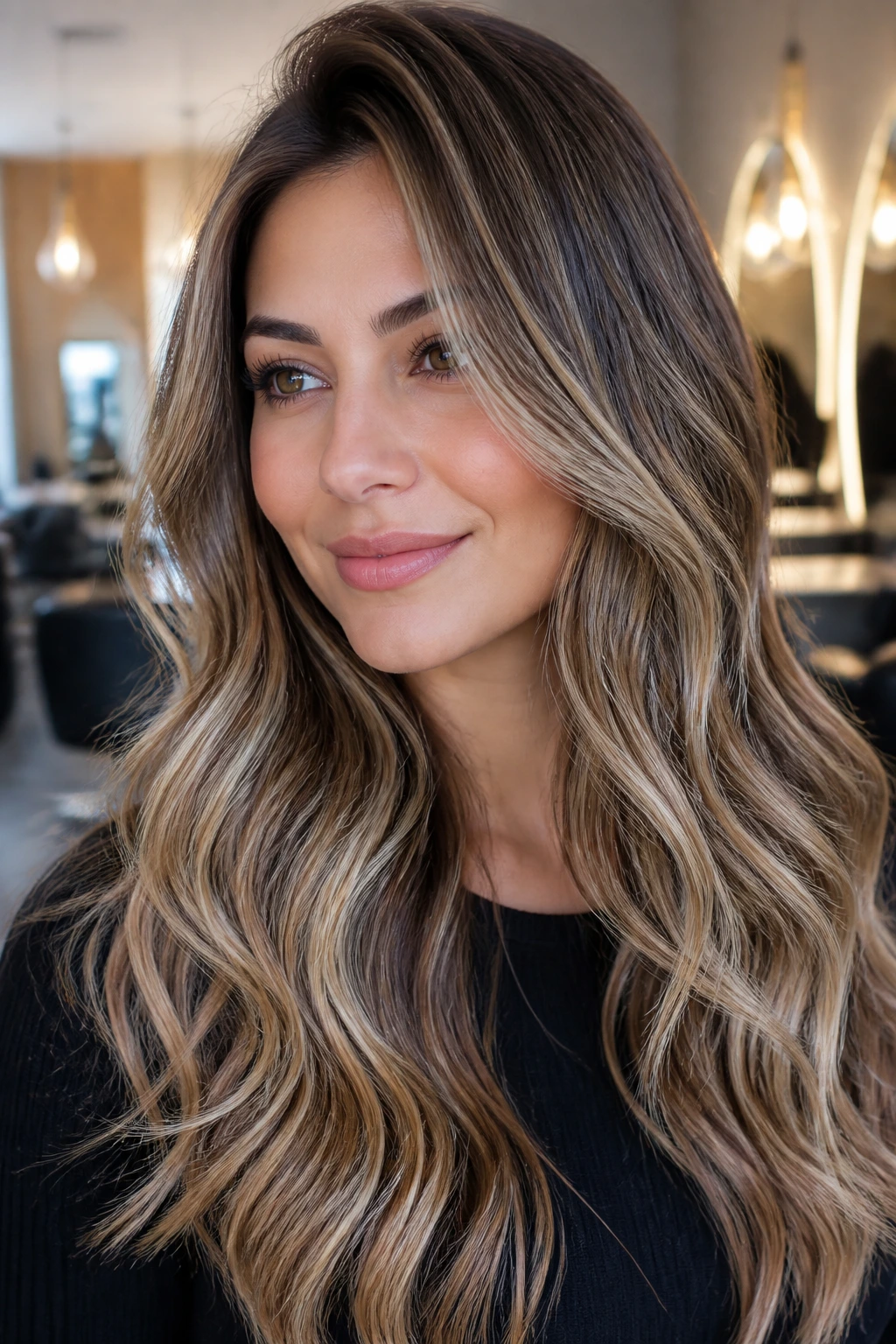 Portrait of a woman with an off-center part and lifted crown in a bright salon.