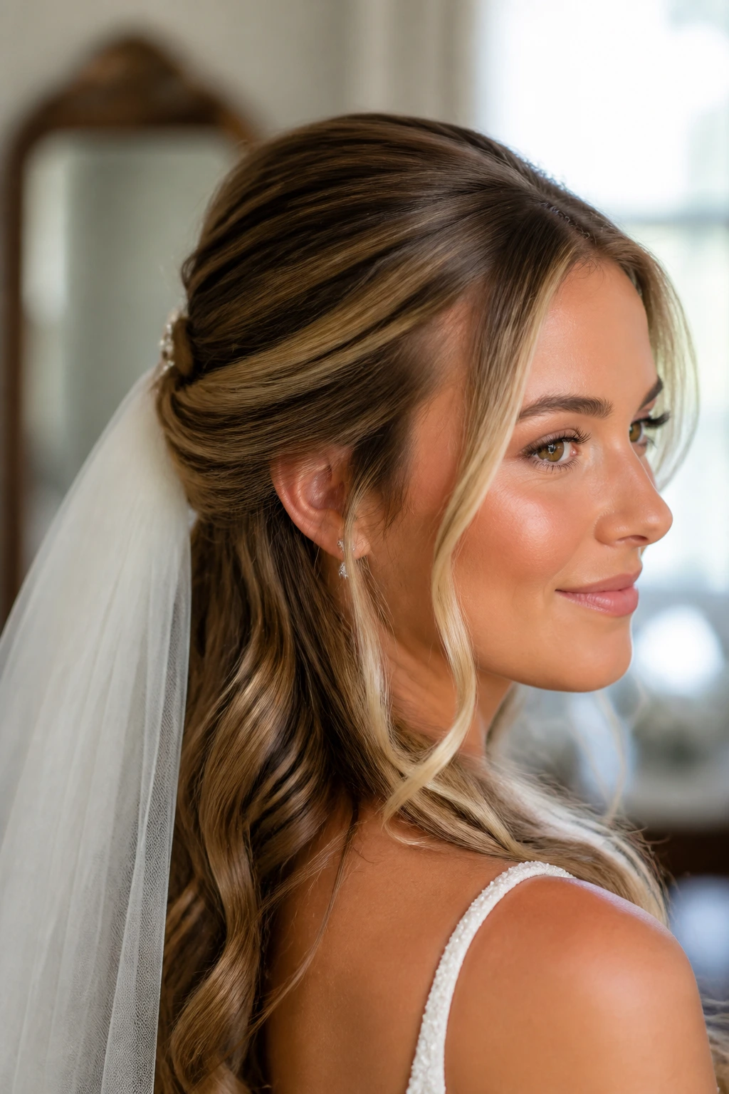 Close-up of real bride with hidden anchor half-up hairstyle and veil in bridal suite.