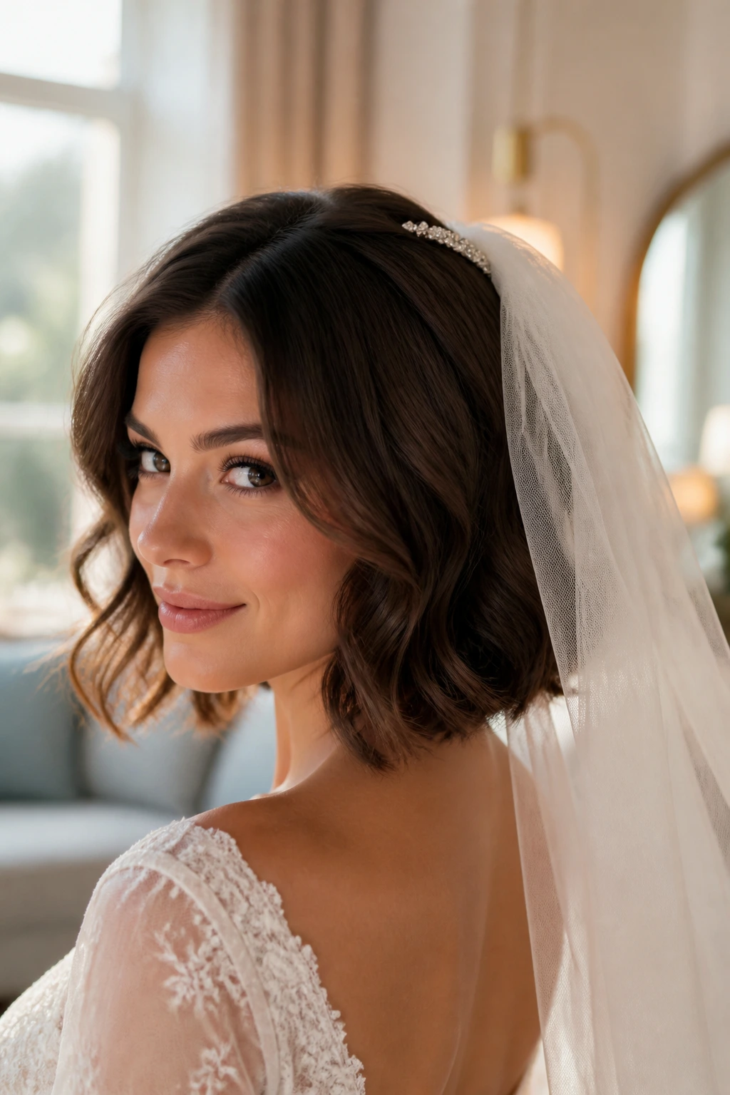 Close-up portrait of a bride with a veil-friendly soft bob and gentle waves.