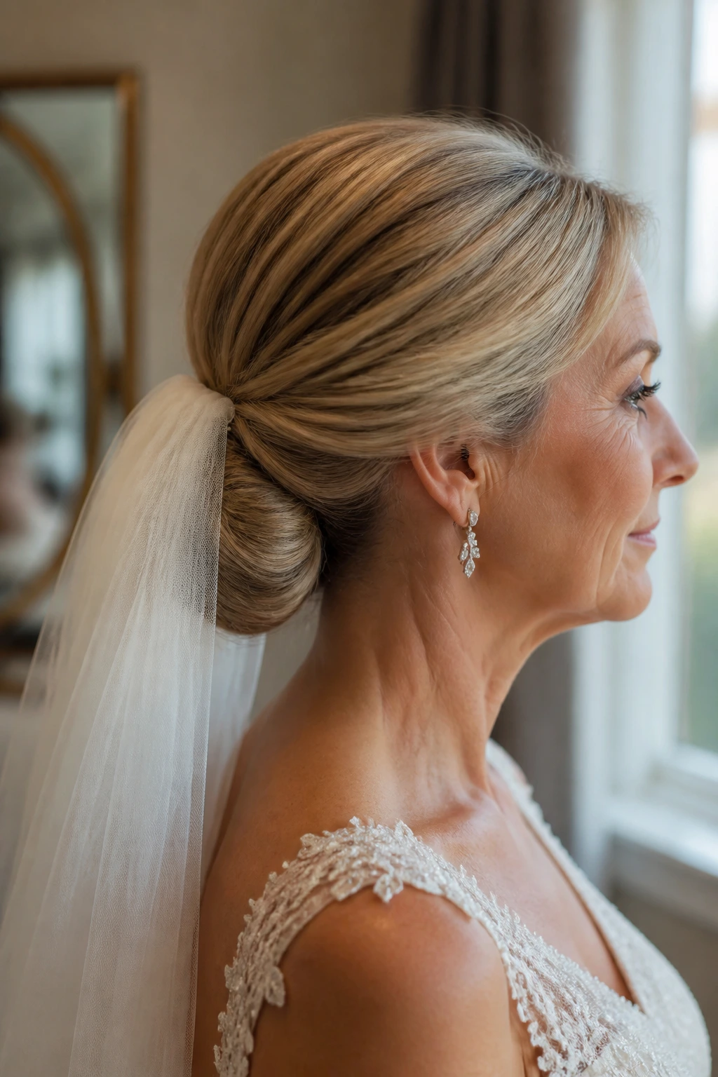 Woman with veil-friendly low bun hairstyle