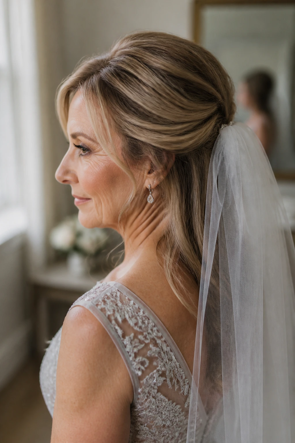 Close-up of a real woman with veil-friendly half-up base anchoring a bridal veil