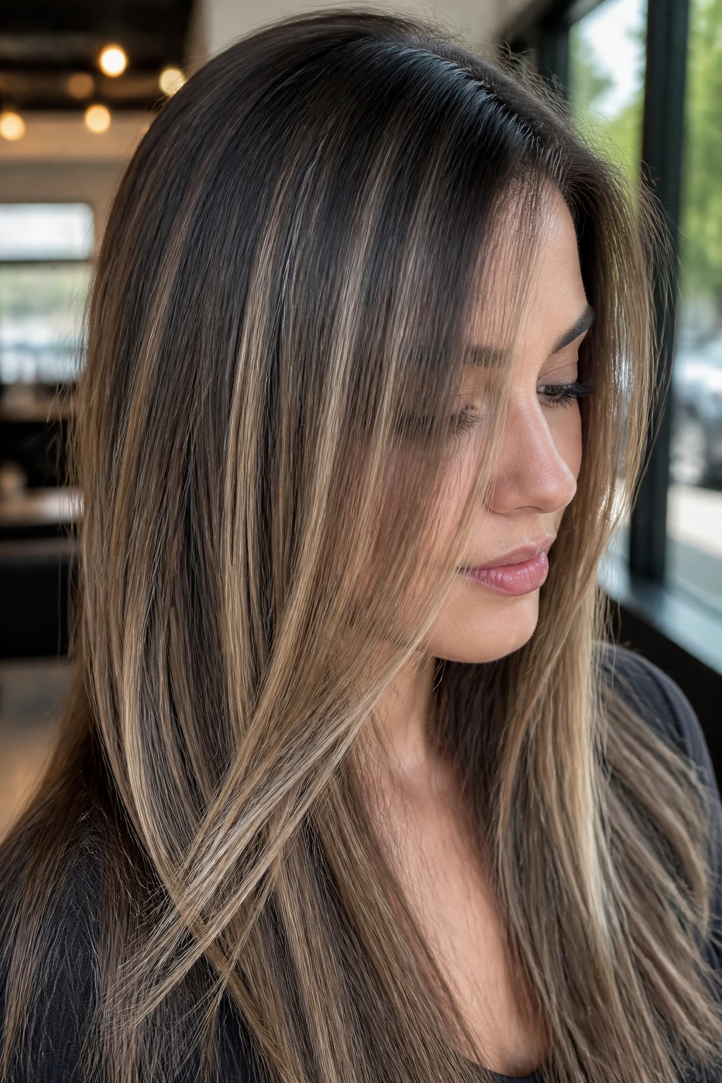 Straight hair with veil highlights on thin hair in bright salon