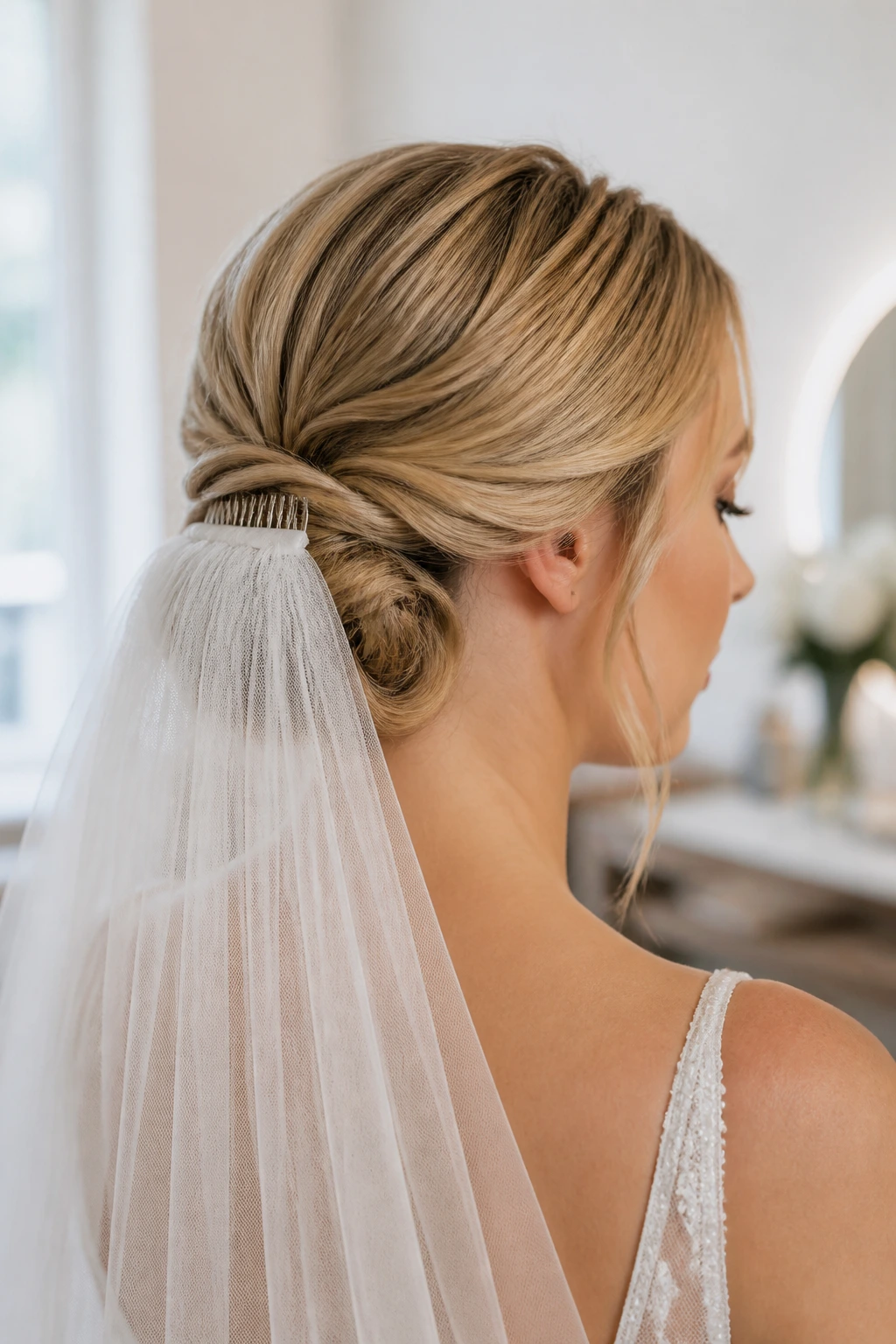 Close-up of bride with veil-friendly low twist at nape