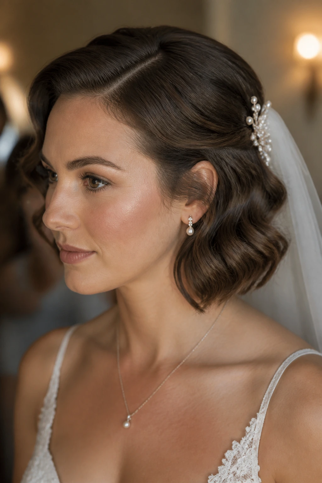 Close-up of short bob with veil-pin waves