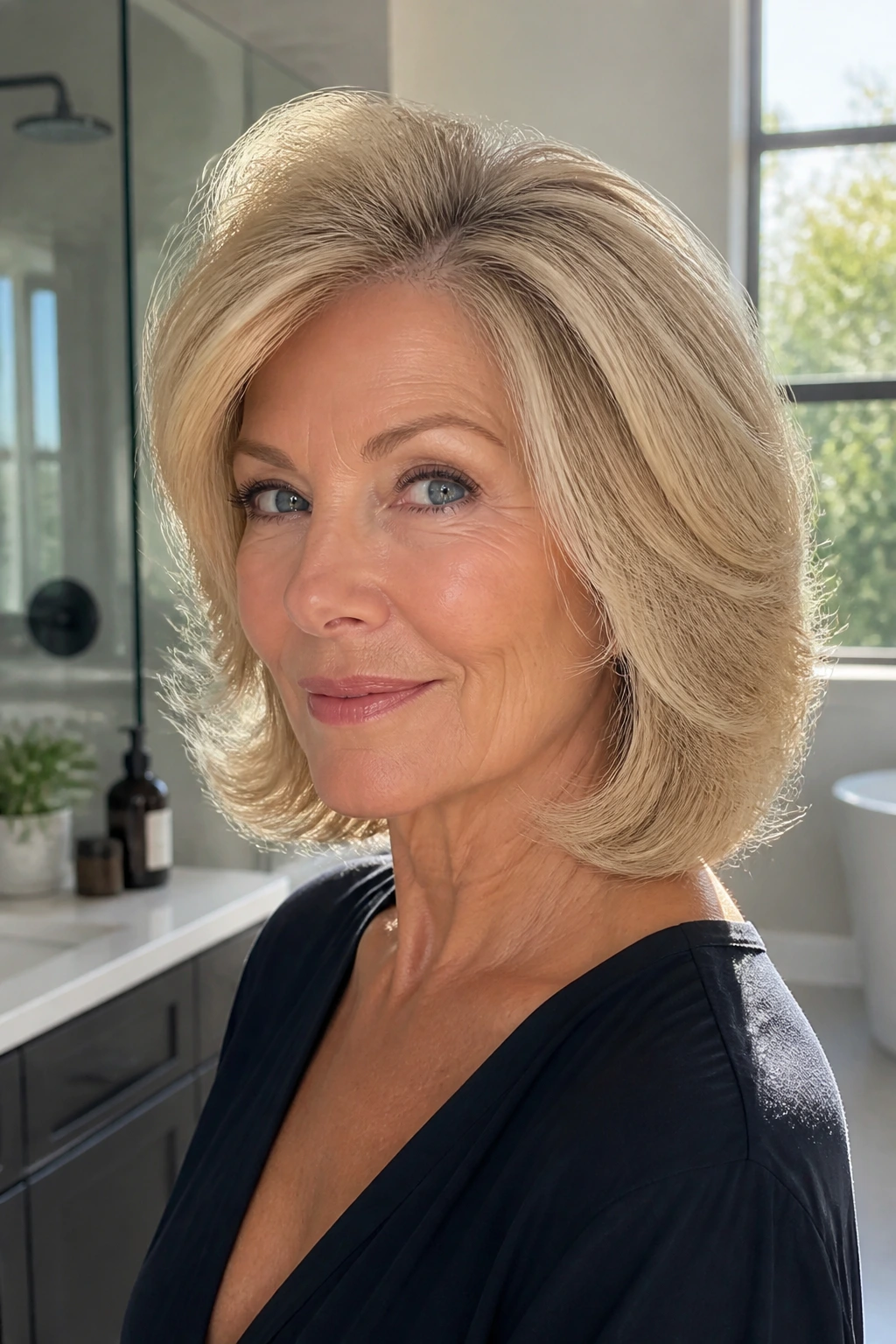 Portrait of a real woman with a voluminous crown and smooth ends from a blowout look.