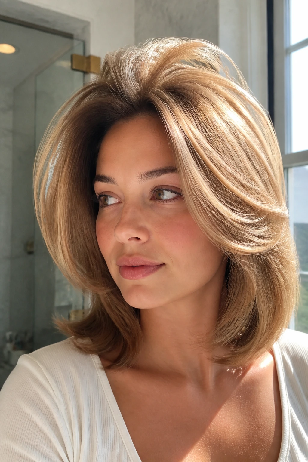 Close-up of a woman with a Velcro-roller blowout in a bright bathroom