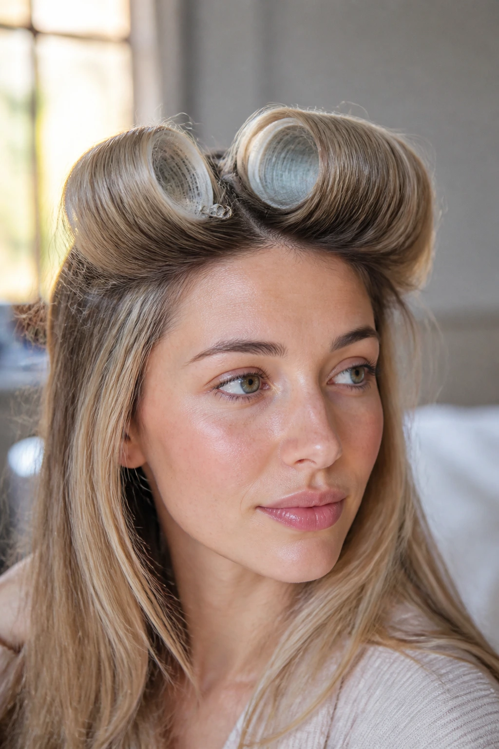 Close-up of a woman with rolled Velcro-roller ends for fullness