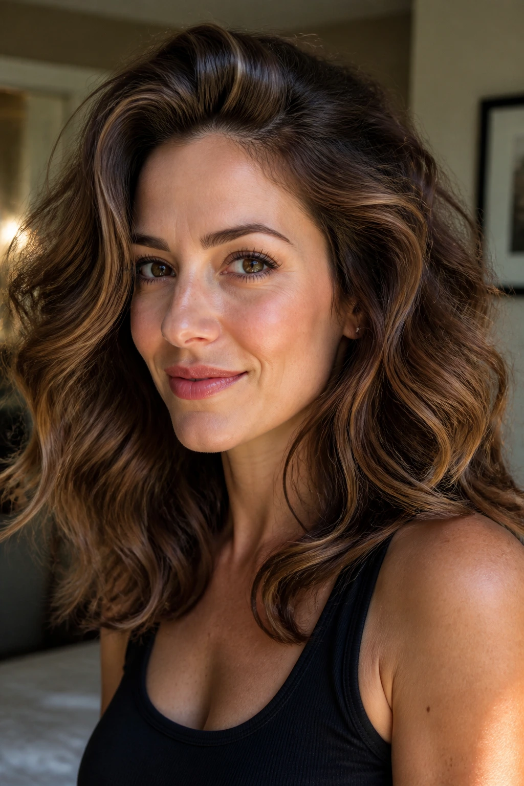 Portrait of a real woman with voluminous waves and lifted roots, velcro-roller look.