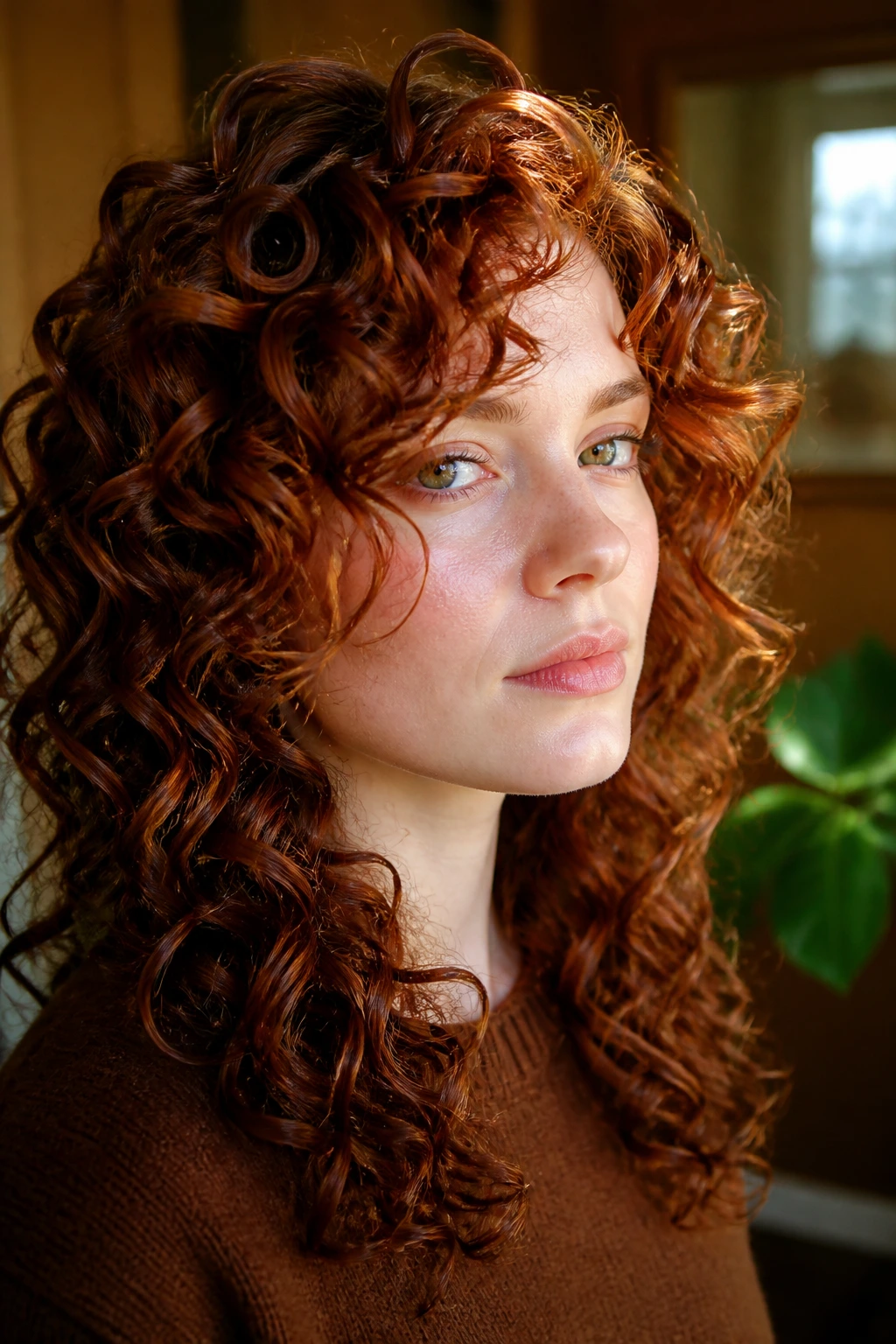 Close-up portrait of a real person with velvet auburn dimension hair on pale skin.