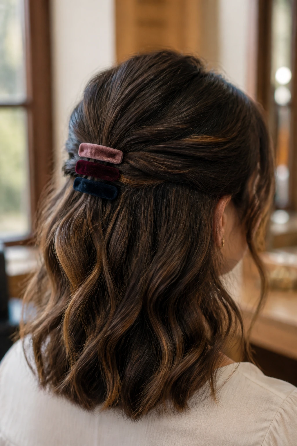 Back of head close-up showing three velvet barrettes stacked behind the crown on a real woman
