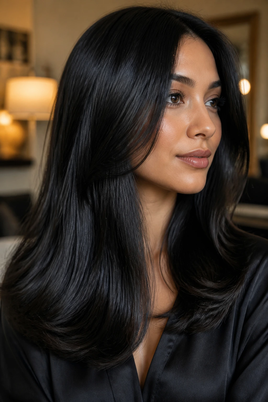 Portrait of brunette with velvet black gloss hair.