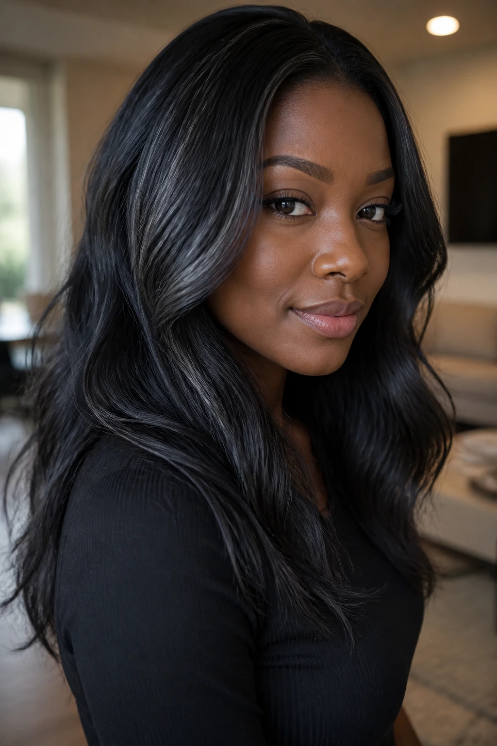 Close-up of velvet black hair with subtle gray vein patterns catching light