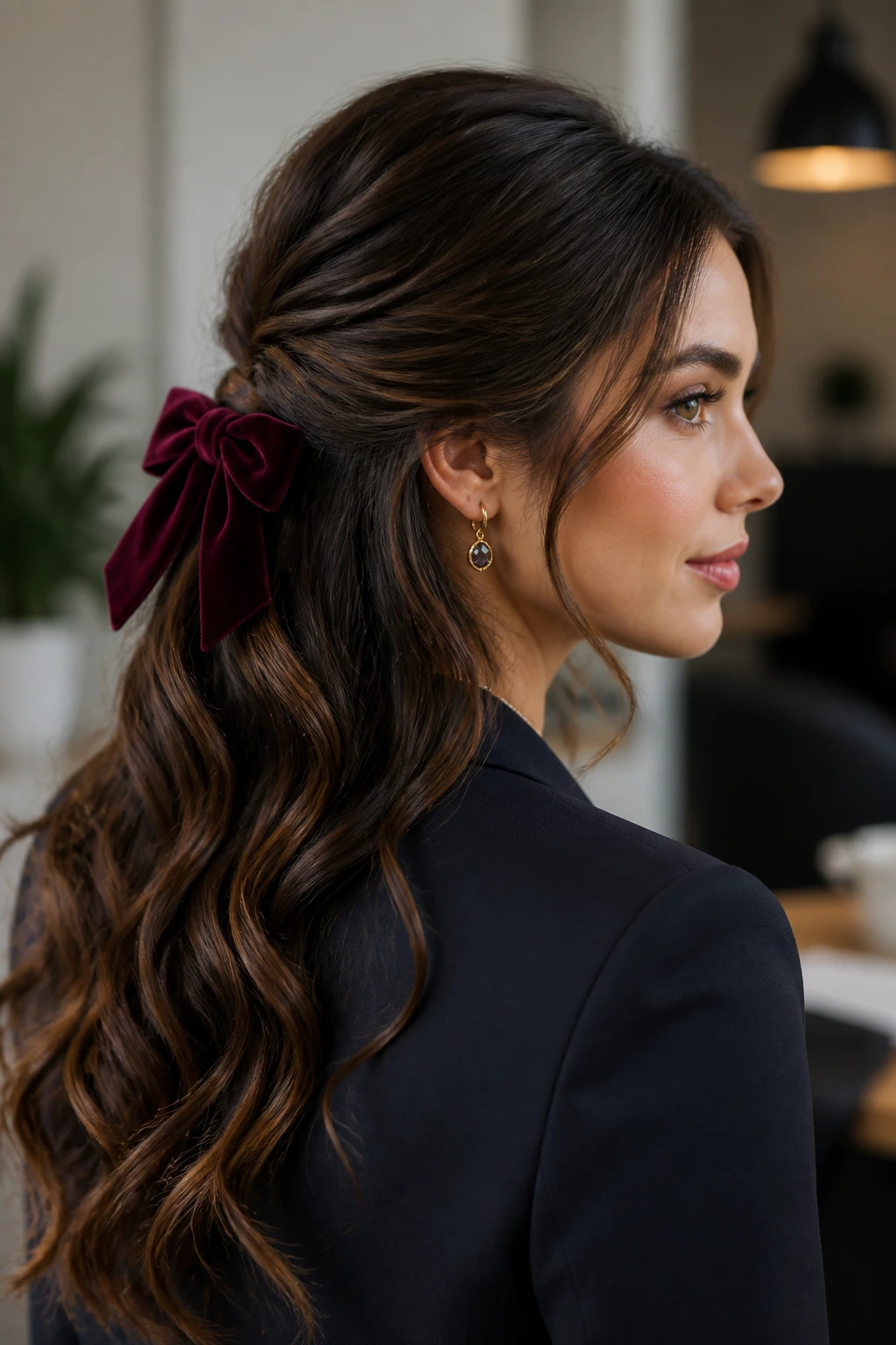 Close-up of a real woman with a velvet bow half-up hairstyle