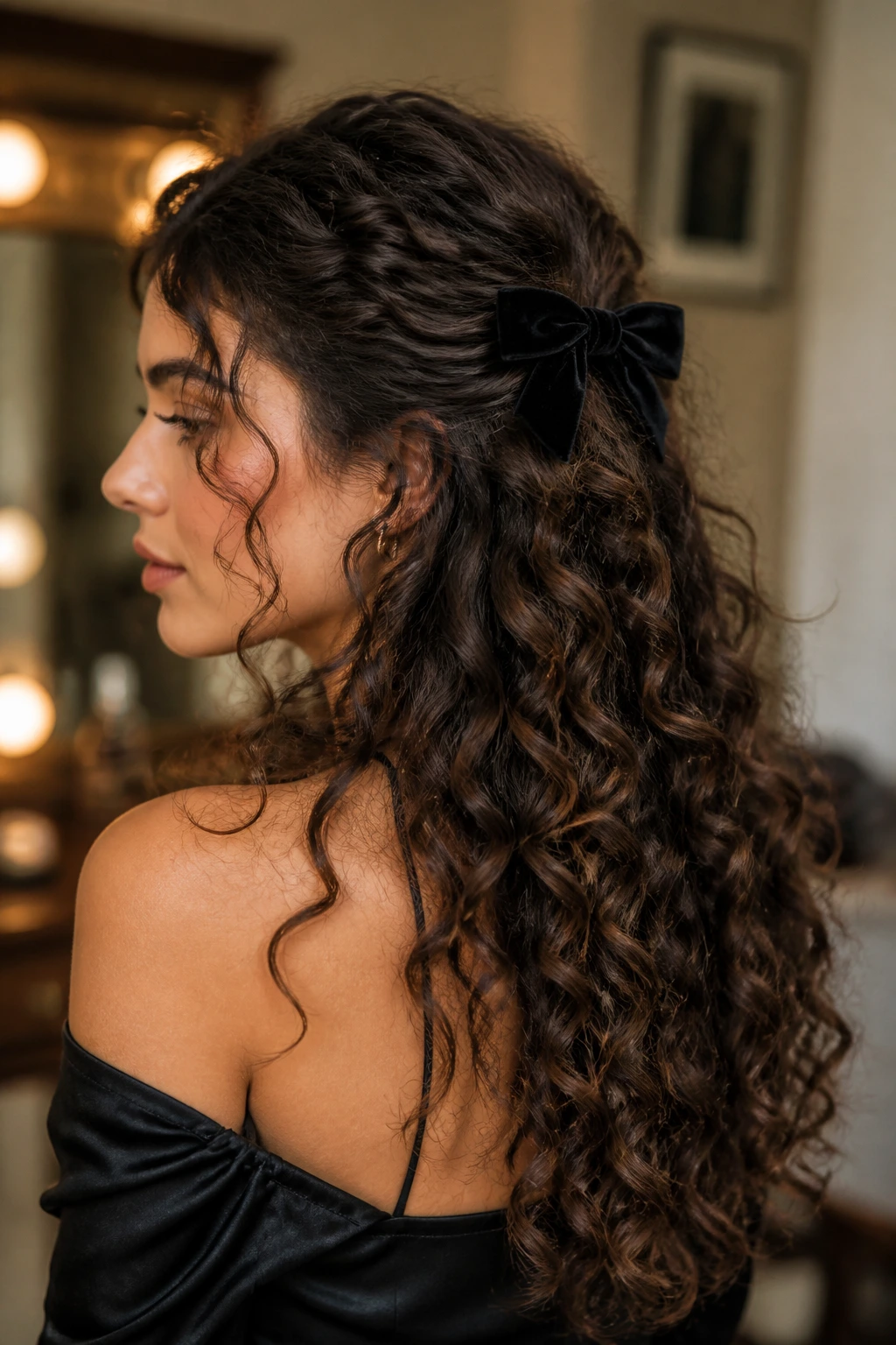 Close-up of a real woman with a velvet bow half-up hairstyle and flowing curls