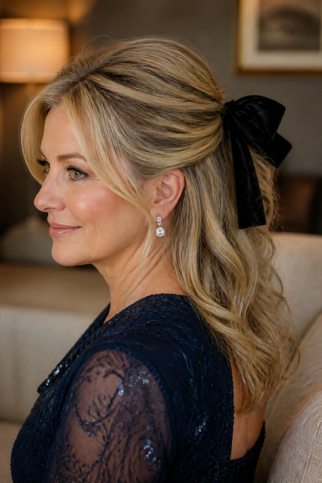 Portrait of a woman with velvet bow half-up hairstyle featuring a back bow and soft face-framing strands.