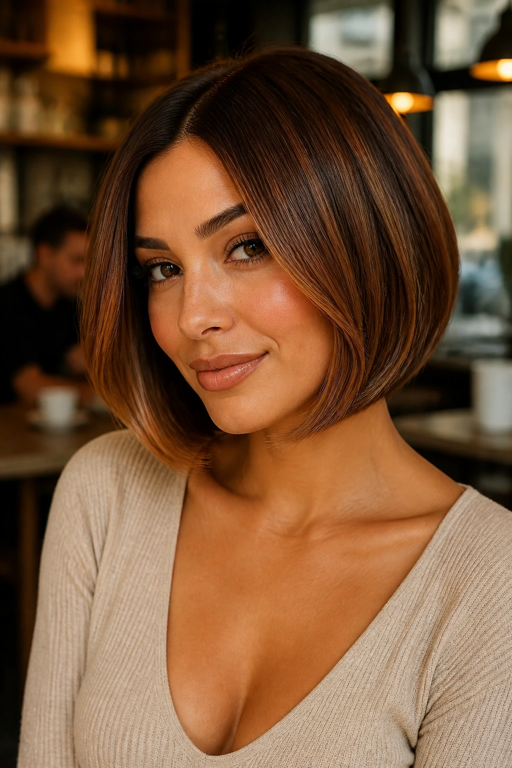 Portrait of a woman with a velvet bronze bob in warm lighting.