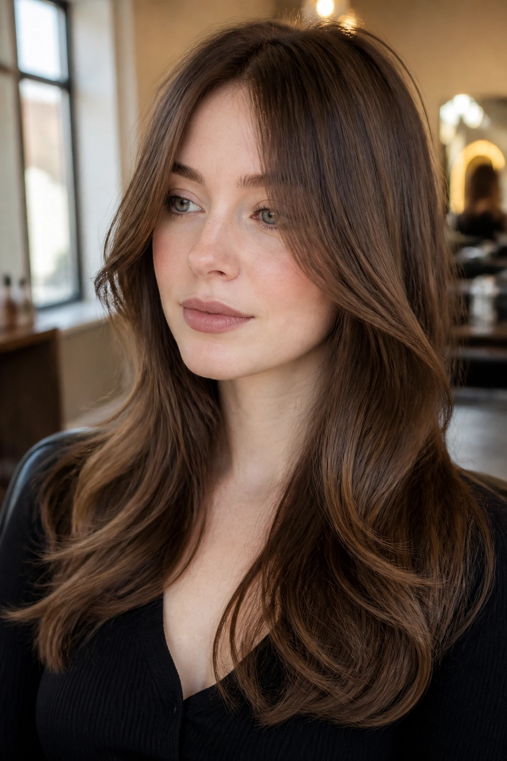 Close-up portrait of velvet brown hair with long curtain bangs on pale skin in natural lighting