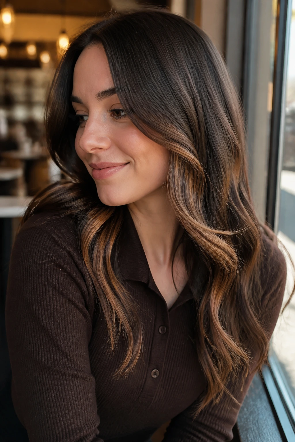 Close-up portrait of a real woman with velvet brown hair and hidden caramel panels