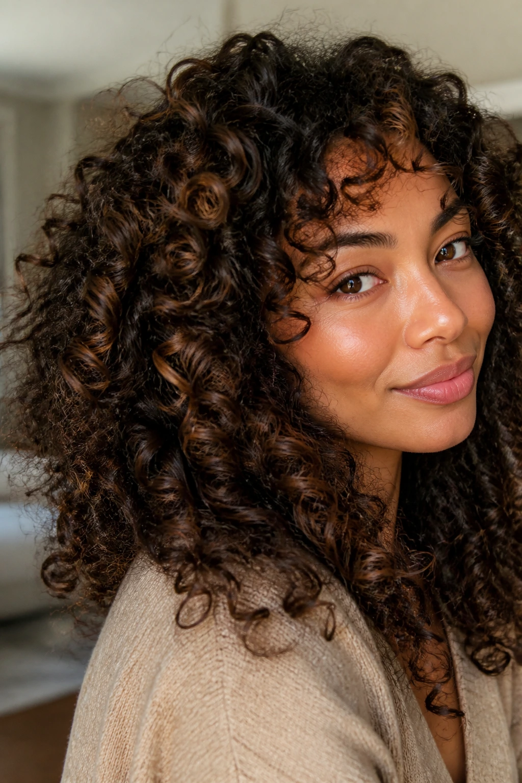 Close-up of a real woman with velvet brown lowlights in natural curls