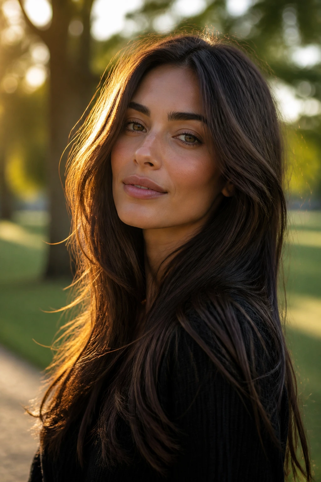 Portrait of a person with velvet brown long layered hair in golden-hour light