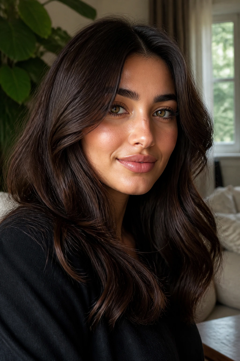 Close-up portrait of a woman with velvet brown hair and olive skin in soft depth lighting