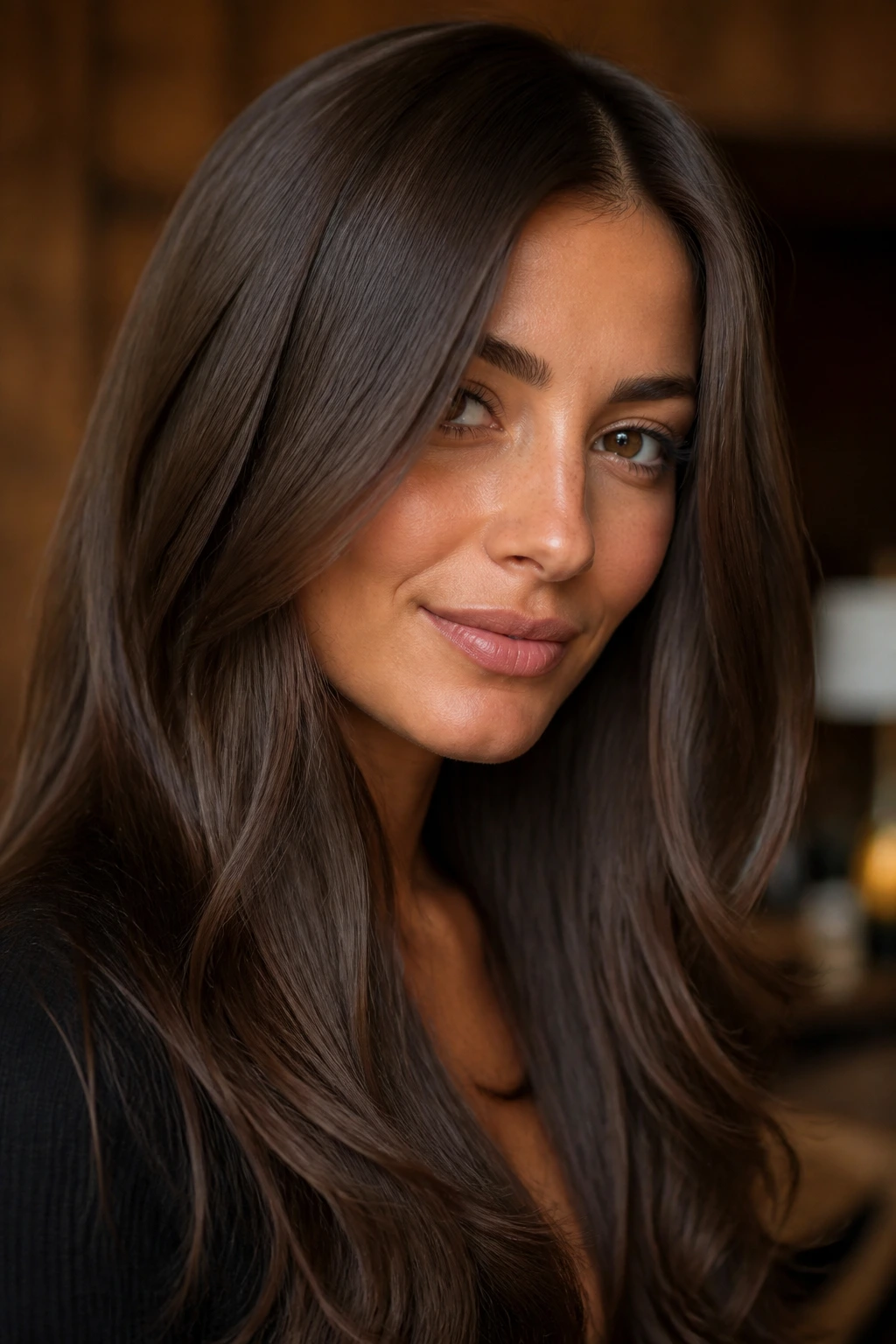 Close-up of velvet brown hair with satin finish and cool undertone