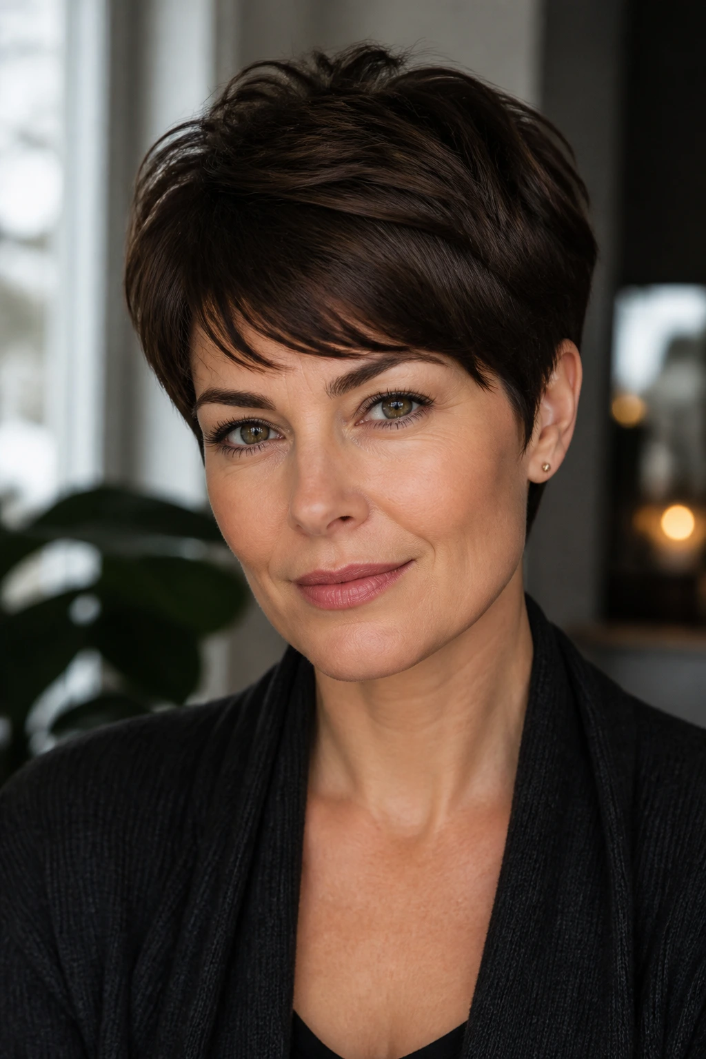 Real woman with velvet brunette pixie cut, close-up portrait.