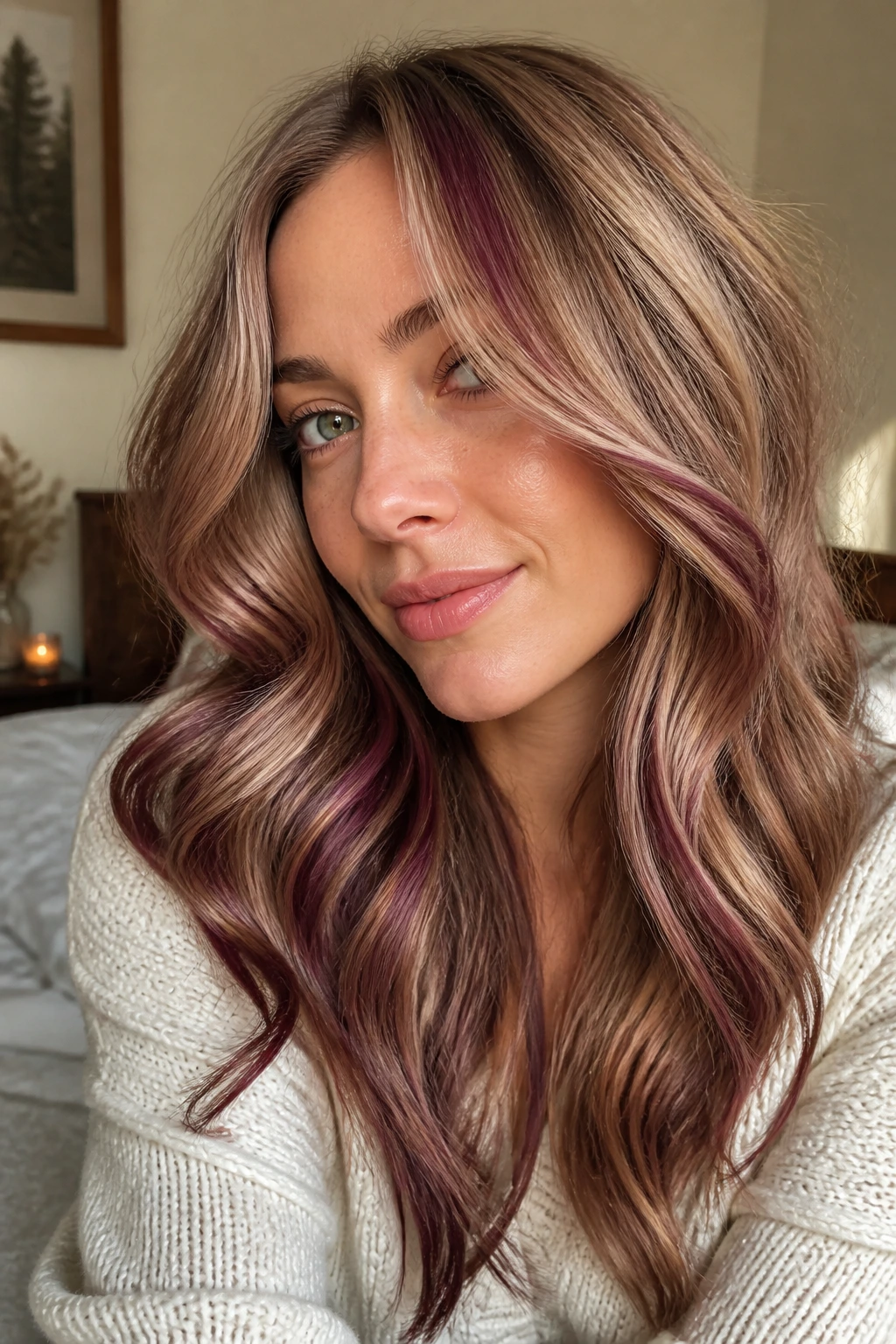 Close-up of sandy blonde hair with velvet burgundy balayage on a real person