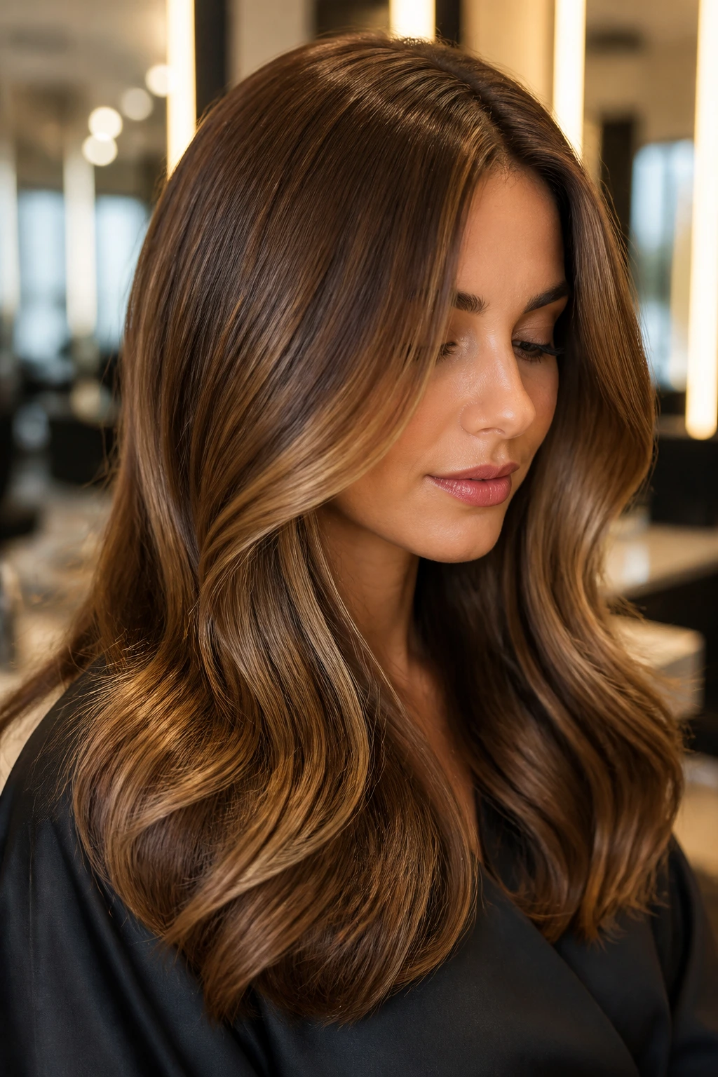 Close-up of a real woman with glossy velvet caramel hair in a blowout