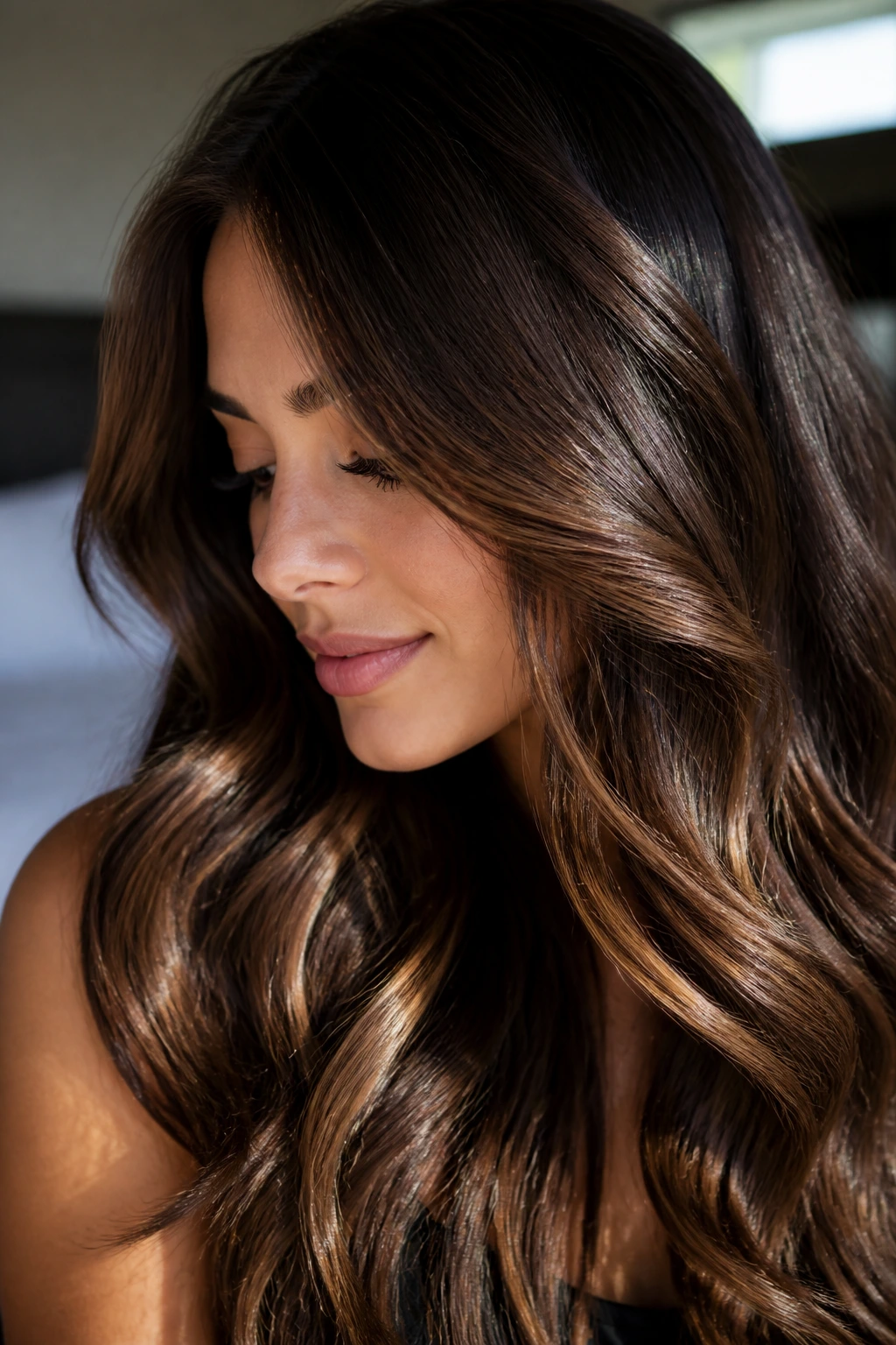 Close-up of dark hair with velvet caramel gloss catching sunlight