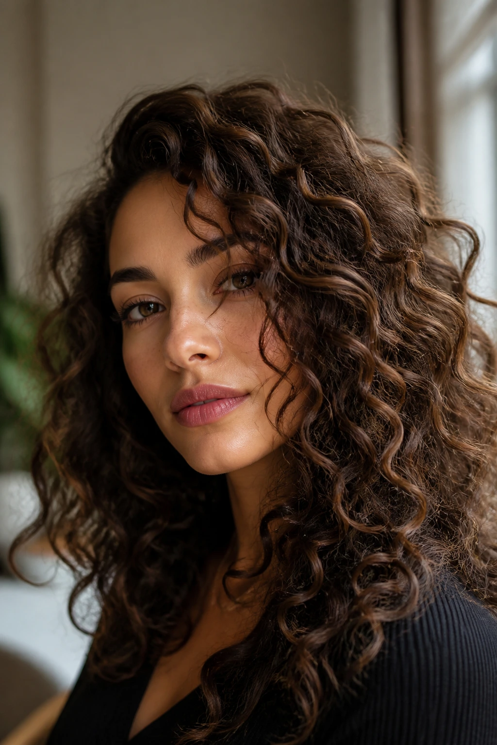 Close-up of curly hair with glossy velvet chestnut color on olive-skinned woman