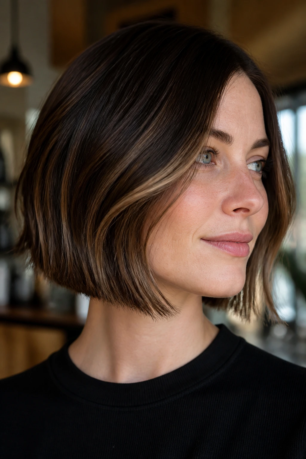 Close-up portrait of a real woman with velvet cocoa balayage on a bob, highlighting soft ribbons framing the jaw