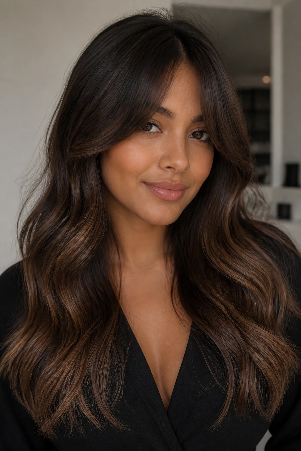 Close-up portrait of a real woman with velvet cocoa hair and curtain bangs.