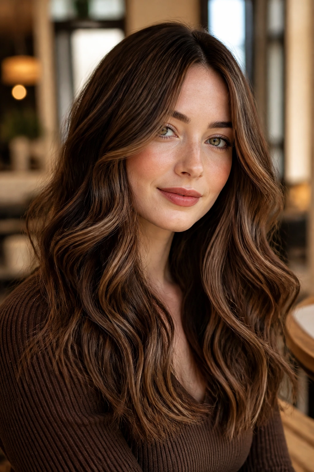 Close-up of a real woman with seamless velvet cocoa ribbons woven into hair